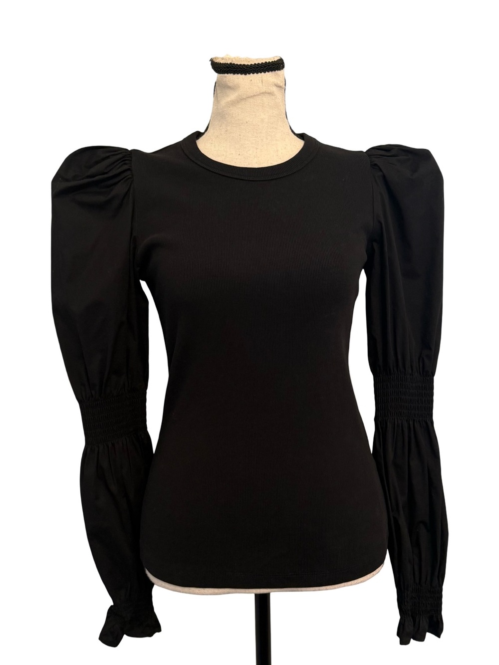 Veronica Beard Jeans Black Puff Sleeve Ribbed Knit Top Cotton Blend XS